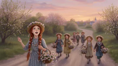 A red-haired girl leads a procession of children wearing flower wreaths along a country road at pink sunset.