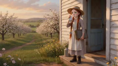 A red-haired girl in a straw hat and apron stands at a farmhouse doorway, wiping her teary eyes with a handkerchief while holding a slate and books.