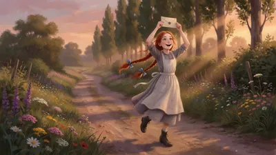 A red-haired girl in an apron dances up a sunlit country lane, holding a small letter joyfully above her head.
