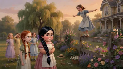 Girls in old-fashioned dresses watch one girl balance along a board fence in a summer garden, with a red-haired girl and a black-haired girl looking on.