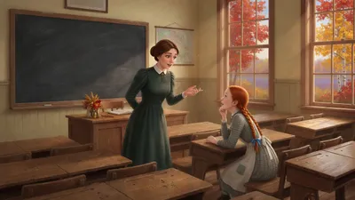 A red-haired girl gazes admiringly at a young woman teacher in a sunlit one-room schoolhouse full of wooden desks.