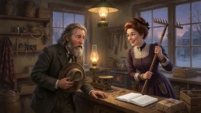 A shy bearded old man stammers at a store counter while a stylish young clerk with bangle bracelets holds a garden rake.