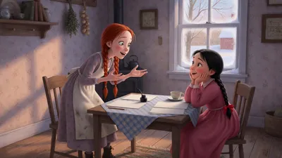 In a cozy farmhouse room, a thin red-haired girl of about thirteen gestures eagerly with pages in her hand while a plump black-haired girl listens with delight.