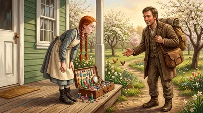 A red-haired girl leans over a peddler's open box of bottles on a farmhouse doorstep while the peddler gestures beside her.