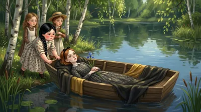 A girl lies still as if asleep in a decorated flat boat while a black-haired friend and other girls push it off from the bank.