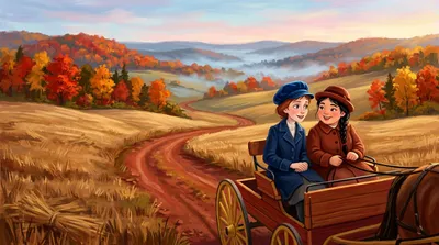 Two girls ride in an open buggy along a red country road at sunrise through misty autumn fields.