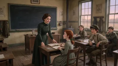 In a one-room schoolhouse after hours, a young woman teacher in a dark-green dress gathers a small group of older pupils, including a short-haired auburn girl, around the front desks; the blackboard is blank.