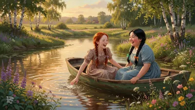 Two teenage girls in early-1900s dresses in a small rowboat on a sunlit, winding pond surrounded by green hills and birch trees.