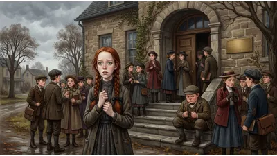 A group of anxious early-1900s teenage students gathers on stone academy steps, one muttering with eyes closed.