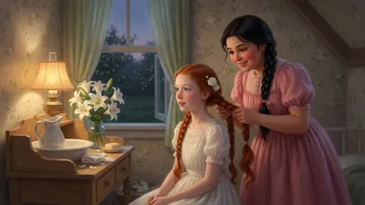 One girl braids another girl's long red hair in a pretty lamplit bedroom; the seated-style scene shows both in early-1900s dresses.