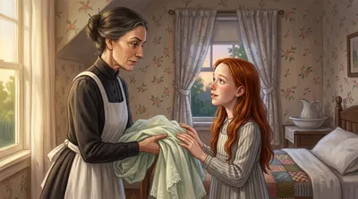 A stern-looking older woman offers pale-green fabric to a grateful red-haired teenage girl in a cozy bedroom.