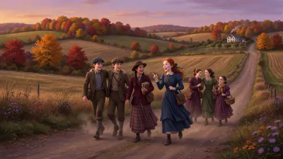 A group of 1800s-era teenagers walking a country road at golden hour in autumn, a red-haired girl in a straw hat among them, distant farmhouse lights glowing.