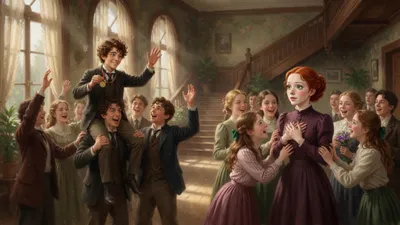 In a wide academy hall, students carry a tall young man in a late-1890s suit on their shoulders at left, while at right a slim red-haired girl of about sixteen is surrounded by congratulating classmates.