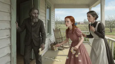 An elderly farmer stands unsteadily in a farmhouse doorway as a red-haired girl and an older woman rush toward him, white flowers falling.