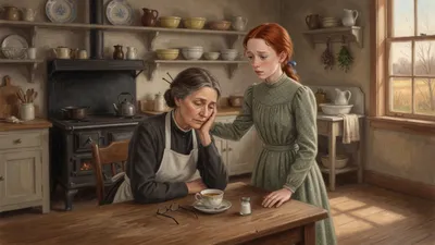 A weary older woman resting her head on her hand at a kitchen table while a red-haired girl stands with a hand on her shoulder.