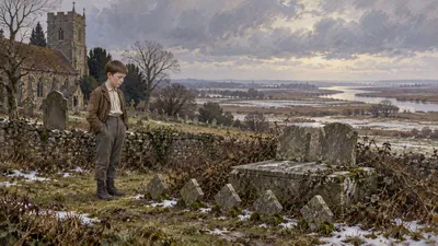 A small boy in a patched jacket stands before a grave with five little stone markers beside it in a bleak, nettle-grown marsh churchyard at dusk.