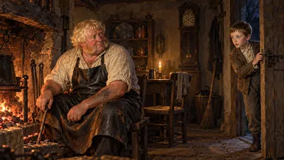 A blacksmith sits by a kitchen fire with a poker and looks towards a small boy peering round the half-open door.