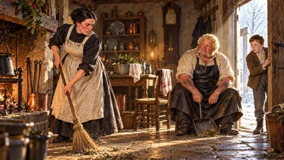 A woman sweeps a cottage kitchen while a blacksmith sits on the open doorstep and a boy stands just inside the room.
