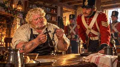 A blacksmith holds a pair of handcuffs up to the light at a kitchen table while a red-coated sergeant watches.