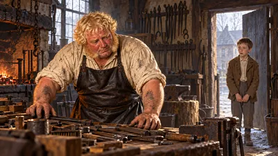 A blacksmith looks over the tools on his workbench while a boy stands silently in the forge doorway behind him.