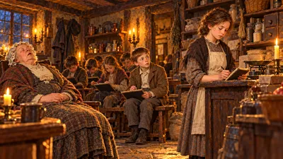 An old woman sleeps upright in a chair in a candlelit cottage room while children sit with slates and a girl works at a shop counter with a small book.