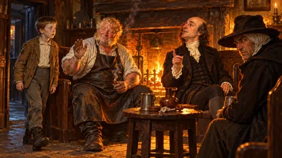 A firelit inn room with a blacksmith and a long-faced man on one wooden settle and a stranger in a broad-brimmed hat on the other, turning to look at a boy in the doorway.