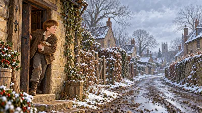 A boy peers cautiously out of a half-open back door along a completely empty village lane.