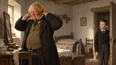 A large blacksmith in stiff Sunday clothes pulls his collar up high in front of a small mirror while a boy watches from the doorway.