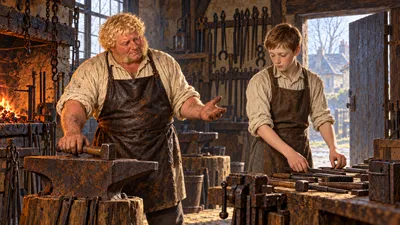A blacksmith hammers at an anvil in a glowing forge while a boy in a dusty apron works beside him with a blank expression.