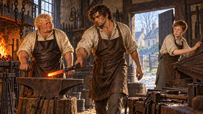 A broad-shouldered journeyman swings a glowing iron bar across a forge while a boy at the bellows flinches and a blacksmith watches steadily.