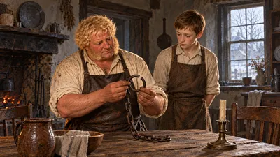 A blacksmith in a cold grey kitchen turns a heavy iron leg-shackle in his hands while a boy stands pale behind him.