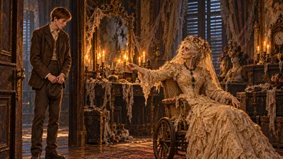 A gaunt woman in a faded wedding dress holds out a coin to a tall young man in a dim candlelit room.