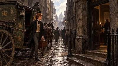 A young man climbs down from an old ornate hackney coach outside an open office door in a narrow city street.