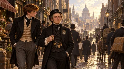 A short man in a black suit and a taller young man walk together up a busy city hill street.