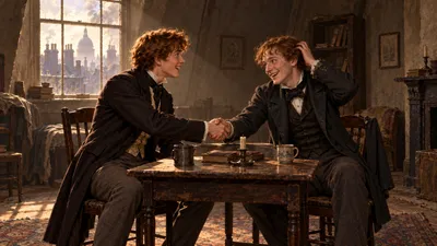 Two young men laugh and shake hands across a small table in a bare shabby sitting room.