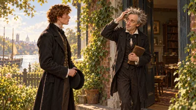 A grey-haired gentleman greets a young visitor at the ivy-covered doorway of a riverside house.