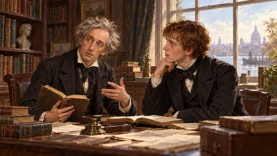 A grey-haired gentleman and a young man talk across a desk in a book-lined study beside a river window.