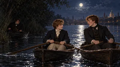Two rowing boats travel side by side down a moonlit river while a third keeps to the dark under the bank behind them.
