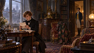 A young man in a dark coat sits alone at a breakfast table in a cluttered, richly furnished room, reading a letter, while a boy in blue livery and tall boots stands by the door.