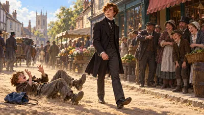A ragged boy with an empty blue bag lies flat in a dusty street pretending to be terrified as a well-dressed young man walks past and onlookers laugh.