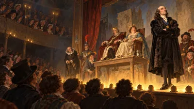 A small theatre stage with two armchairs on a kitchen table holding a king and queen in costume, an actor standing apart with folded arms, and a crowded gallery above.