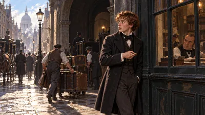 A young man in a dark coat stands outside a busy coach office in a narrow city street looking at his pocket watch as porters pass with luggage.