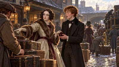 A young woman in a fur-trimmed travelling dress hands a small purse to a young man in a busy inn yard while a porter carries her boxes.