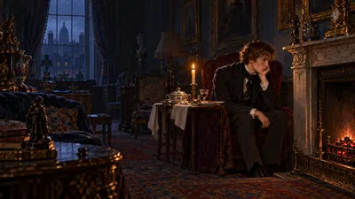A young man sits alone in an armchair staring into a small fireplace in a richly furnished but cheerless room at night.