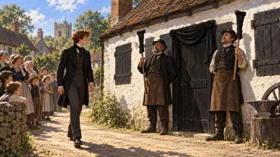 A shuttered village cottage and forge in summer with two men in black holding black-wrapped crutches beside the closed front door, and villagers watching from the lane.