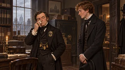 A short square-faced clerk in a black suit stands at a desk in a dim office greeting a young man, holding a small folded paper to the side of his nose.