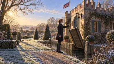 A small cottage with painted battlements and a flagpole stands behind a narrow moat with a raised plank drawbridge; a young man waits at the gate outside.