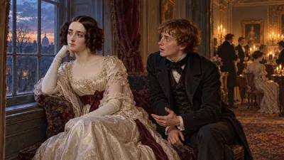 A young woman and a young man sit apart on a window seat at dusk in a fine drawing room, she looking out of the window and he leaning toward her.