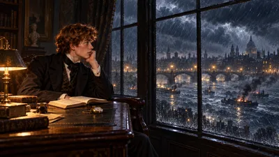 A slender young man in a dark coat reads by a shaded lamp at a table in a high room; rain streaks the tall black windows and lit bridges show dimly over the river beyond.