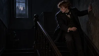 A young man catches himself against the wall of a pitch-dark staircase; a crouched figure is just visible in the shadow of a corner below him.